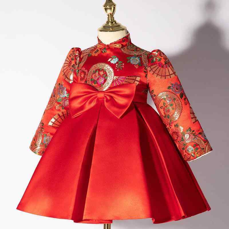 チャイナドレス 女の子 子供服 ベビー 漢服 中国風 伝統的 礼服 1歳 誕生日 お正月 結婚式 晴れ着 祝着 記念日 パーティー レッド 赤 長袖 膝丈 秋冬 プリンセス お姫様 かわいい 華やか 上品 高級感 ポリエステル チュール