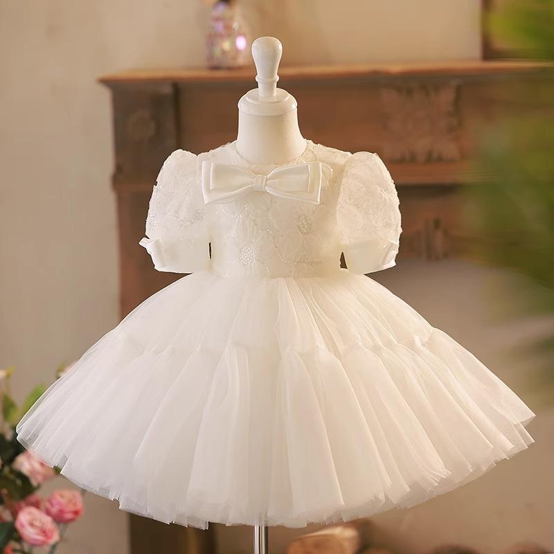 ドレス 女の子 キッズ ベビー プリンセスドレス フォーマル 高級感 結婚式 発表会 誕生日 フラワーガール 白 かわいい おしゃれ フレア チュール レース フリル 膝丈 ノースリーブ ポリエステル 混紡 子供 幼児 小学生 セレモニー パーティー オ