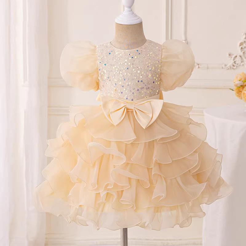 ドレス 女の子 キッズ チュール ワンピース 誕生日 結婚式 発表会 プリンセス ティアード ふんわり 華やか 高級感 かわいい ポリエステル 演奏会 ステージ衣装 フォーマル オールシーズン シャンパン スカイブルー グリーン