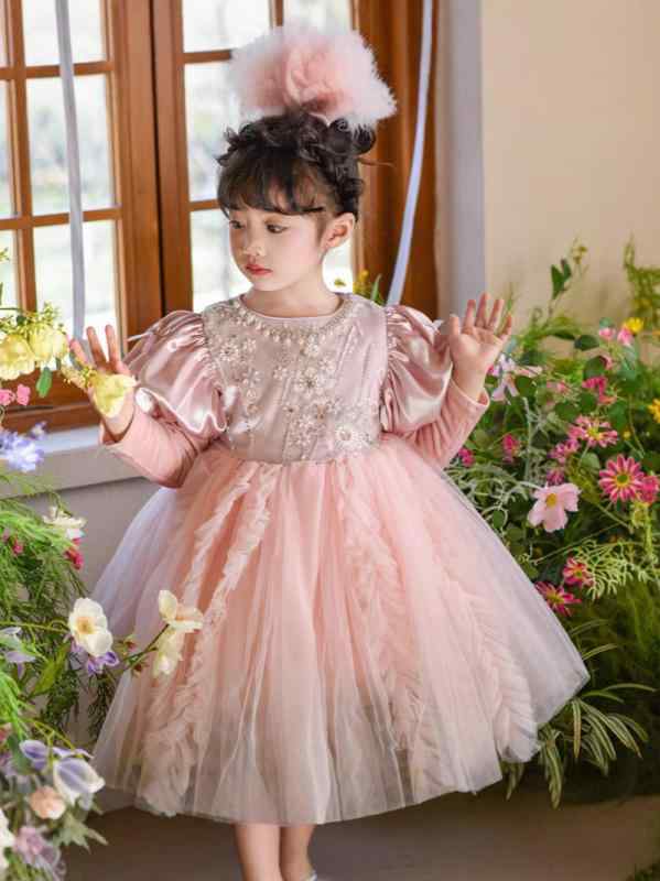 ドレス 女の子 キッズ ワンピース 春秋 チュール スパンコール ビーズ プリンセス 姫系 高級感 発表会 結婚式 パーティー フォーマル 子供服 かわいい ティアード 裏起毛 長袖 半袖 ピンク 綿 ポリエステル 100-150cm
