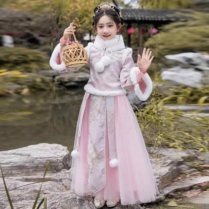 漢服 女の子 子供 唐装 民族衣装 チャイナドレス ピンク 裏起毛 秋冬 高級感 花柄 プリント プリンセス お正月 七五三 発表会 かわいい 柔らかい 伝統的 暖かい ポリエステル素材 防寒 華やか