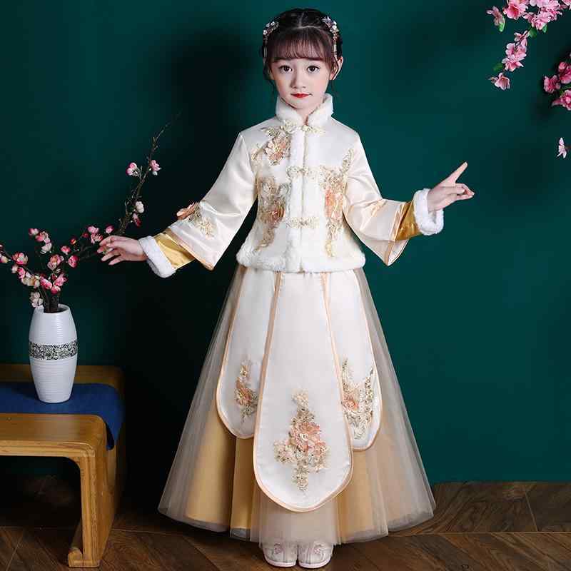 チャイナドレス 女の子 キッズ 子供 唐装 漢服 厚手 長袖 秋冬 花柄 刺繍 かわいい お正月 七五三 発表会 フォーマル 伝統的 民族衣装 リネン 麻素材 シャンパン レッド 110-160cm 華やか 上品