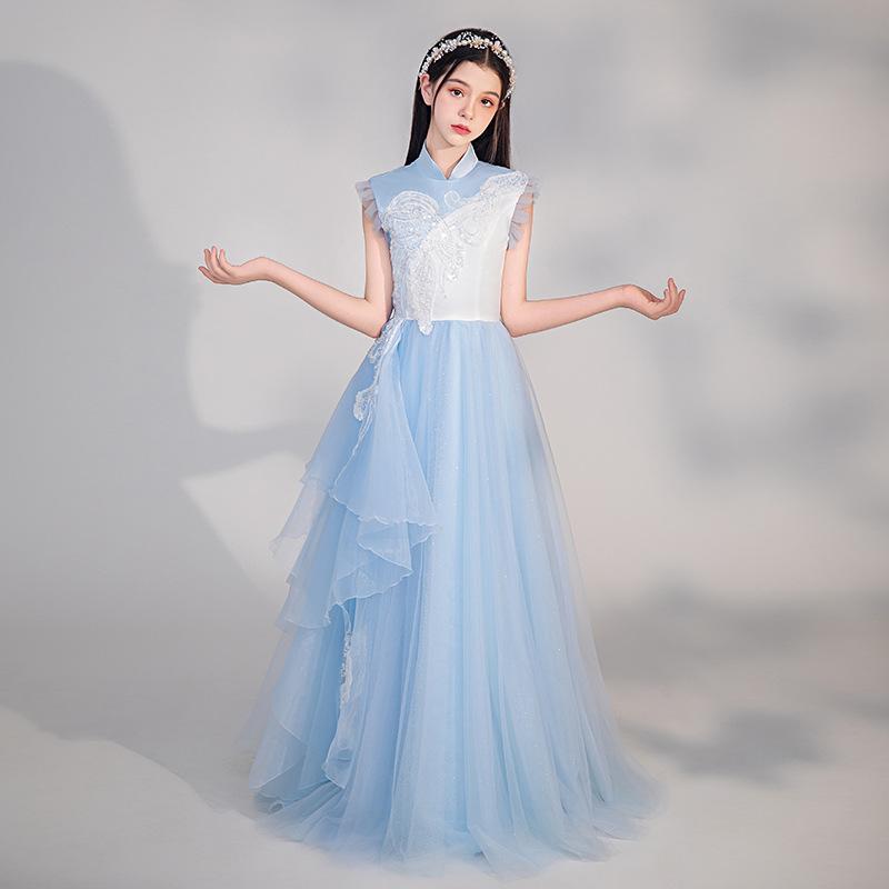 ドレス 女の子 キッズ ジュニア コンサート 発表会 舞台衣装 ステージ演出 ライトブルー モダンチャイナ 中華風 ランウェイ フォーマルウェア 中国琴 伝統楽器 プリンセス オールシーズン ポリエステル 高級感 かわいい