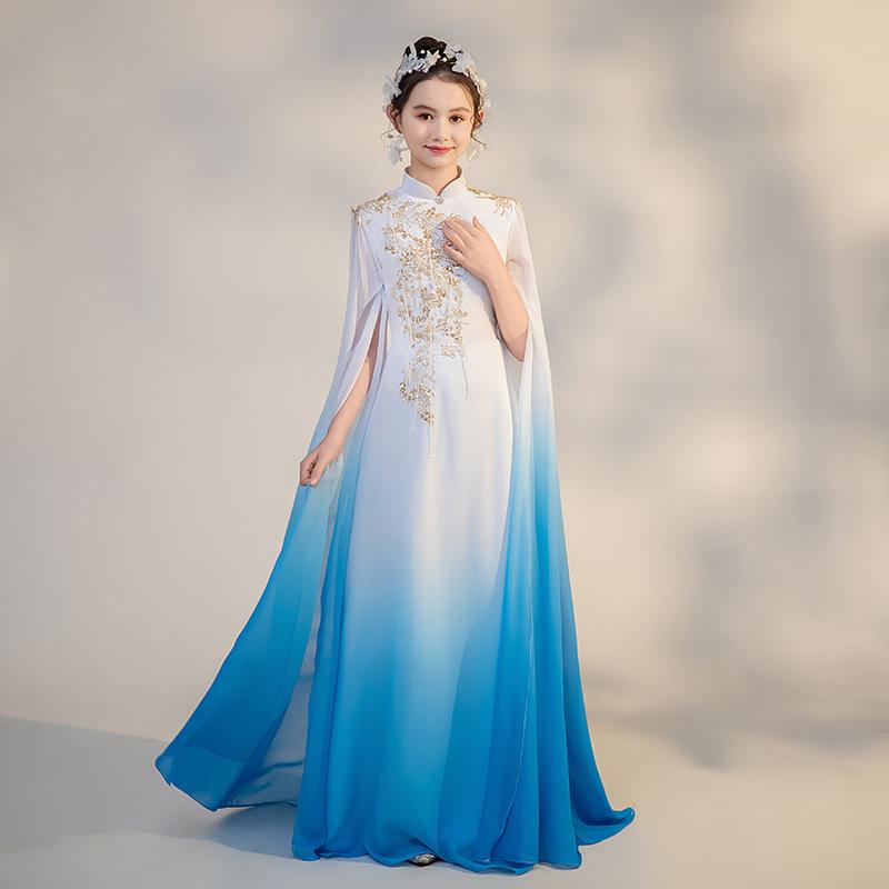 民族衣装 女の子 子供 古箏 発表会 演奏 礼服 グラデーション ブルー シフォン 花柄 プリンセス かわいい 柔らかい オールシーズン ポリエステル ロングドレス コンクール 高級感 フレア エレガント