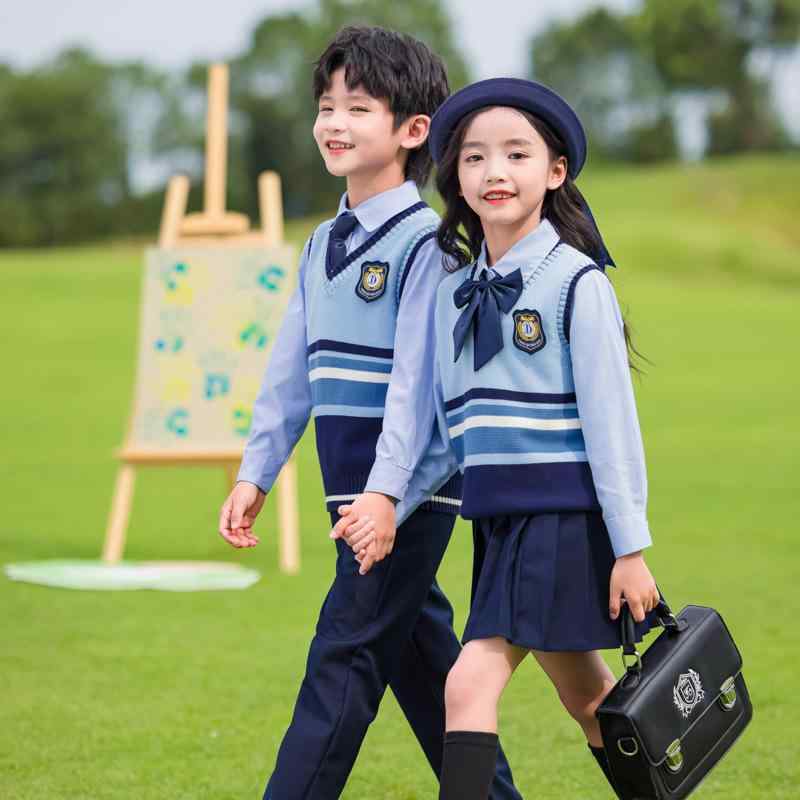 制服 男の子 女の子 セットアップ 秋冬 英国風 ブリティッシュスタイル 小学生 入学式 卒業式 発表会 綿 コットン 長袖 シャツ ズボン スカート セーター カーディガン ベスト 柔らかい 高級感 ブルー