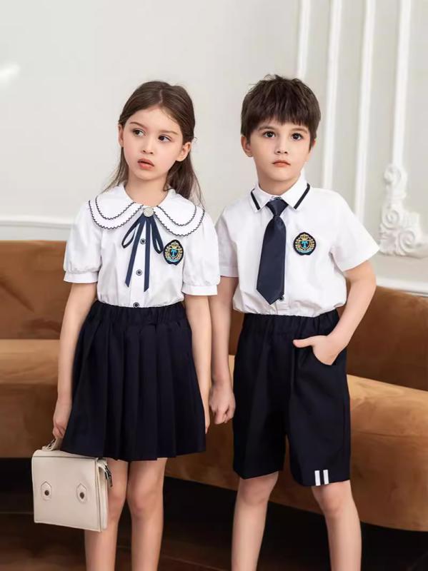 制服 キッズ 小学生 男の子 女の子 セットアップ 半袖 シャツ ハーフパンツ ズボン 春夏 ブリティッシュ プレッピー スクール フォーマル コットン 綿 柔らかい 快適 通気性 卒業写真 記念撮影 発表会 ボタン