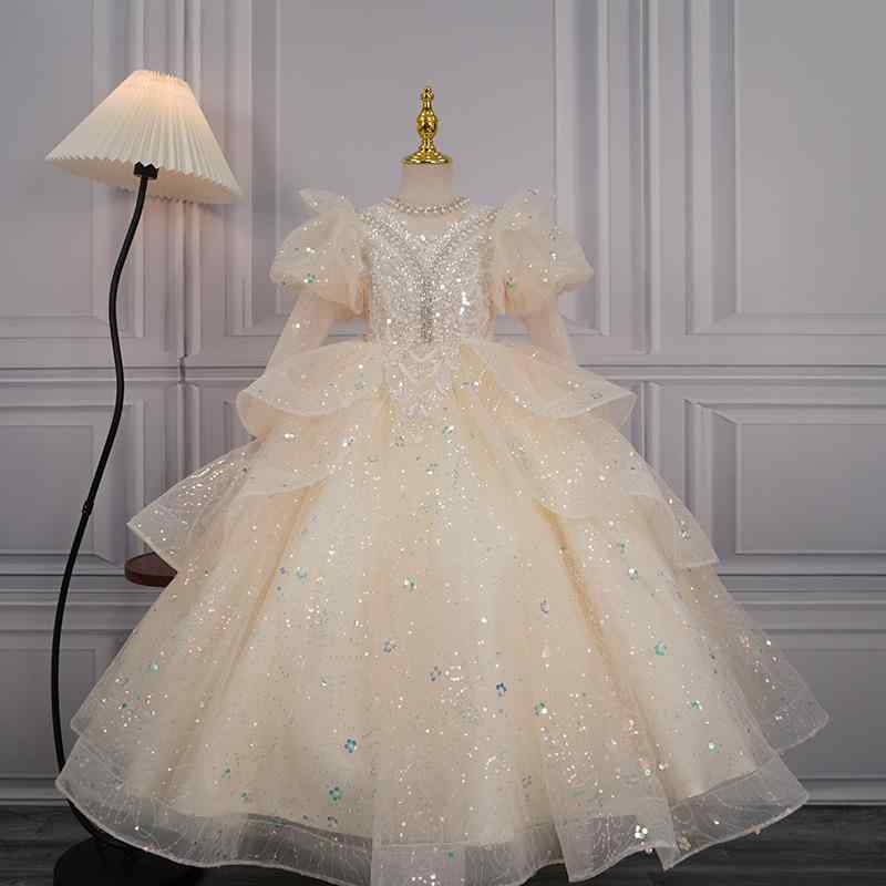 ドレス 女の子 ワンピース フォーマル キッズ ジュニア 長袖 プリンセスライン 結婚式 ピアノ発表会 誕生日 ステージ衣装 チュール プリーツ シャンパン スカイブルー オールシーズン ポリエステル 高級感 上品