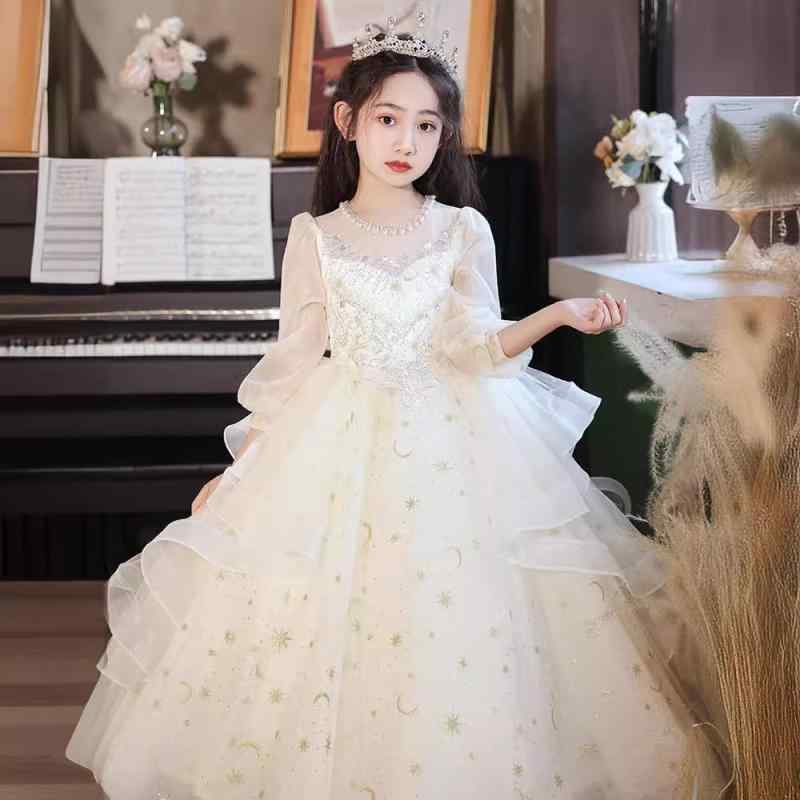 子供ドレス 女の子 フォーマルワンピース ロング丈 プリンセス 結婚式 発表会 パーティー フラワーガール チュール レース ポリエステル 高級感 かわいい おしゃれ 上品 透け感 フレア Aライン ライトシャンパン オールシーズン