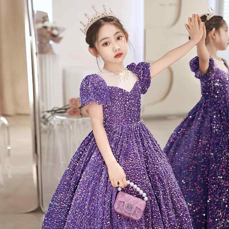 ドレス 女の子 キッズ 子供服 ワンピース プリンセス フォーマル 発表会 演奏会 卒業式 紫 かわいい チュール メッシュ ポリエステル オールシーズン ロング丈 ジュニア プリーツ 光沢感 衣装 高級感 上品