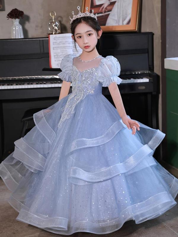 ドレス キッズ 女の子 ワンピース 礼服 プリンセス ブルー 高級感 発表会 結婚式 パーティー チュール レース かわいい 半袖 Aライン オールシーズン プリーツ メッシュ ロング ショート フレア ポリエステル