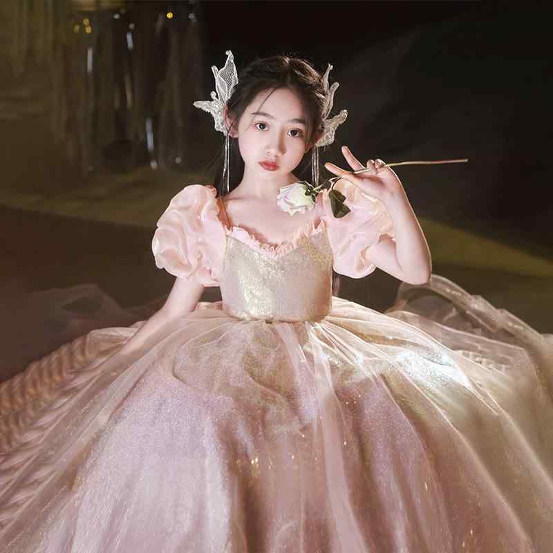 ドレス 女の子 キッズ ピアノ発表会 結婚式 パーティー ピンク パフスリーブ チュール プリンセス フォーマル 子供服 演奏会 ステージ 衣装 かわいい おしゃれ フリル メッシュ ポリエステル 高級感 華やか オールシーズン 100-160cm