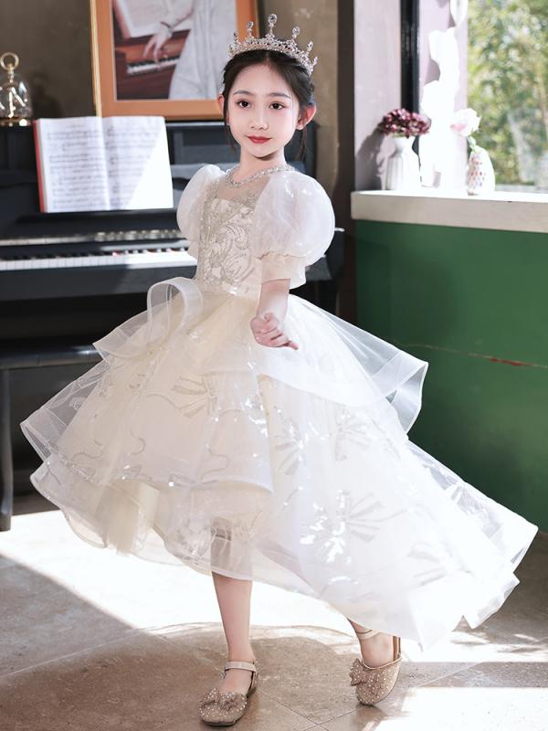 ドレス 女の子 キッズ プリンセス ピアノ 発表会 演奏会 結婚式 フラワーガール フォーマル パーティー チュール チュチュ シャンパン フィッシュテール ショート丈 かわいい おしゃれ 高級感 オールシーズン
