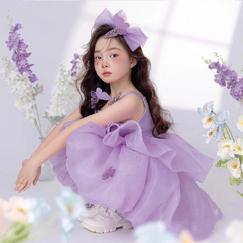 ドレス 女の子 キッズ 子供 プリンセス フェアリー 礼服 フォーマル ワンピース キャミソール 高級感 かわいい 蝶結び リボン 紫 パープル 発表会 演奏会 結婚式 パーティー 演出服 ステージ衣装 撮影用 フォト用 合成繊維