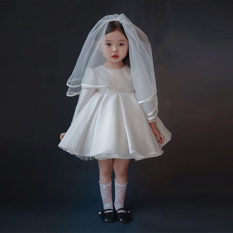 ドレス 女の子 ベビー キッズ 子供服 ワンピース フォーマル 結婚式 誕生日 発表会 ホワイト 白 高級感 かわいい プリンセス Aライン フレア 半袖 長袖 裏起毛 オールシーズン ポリエステル