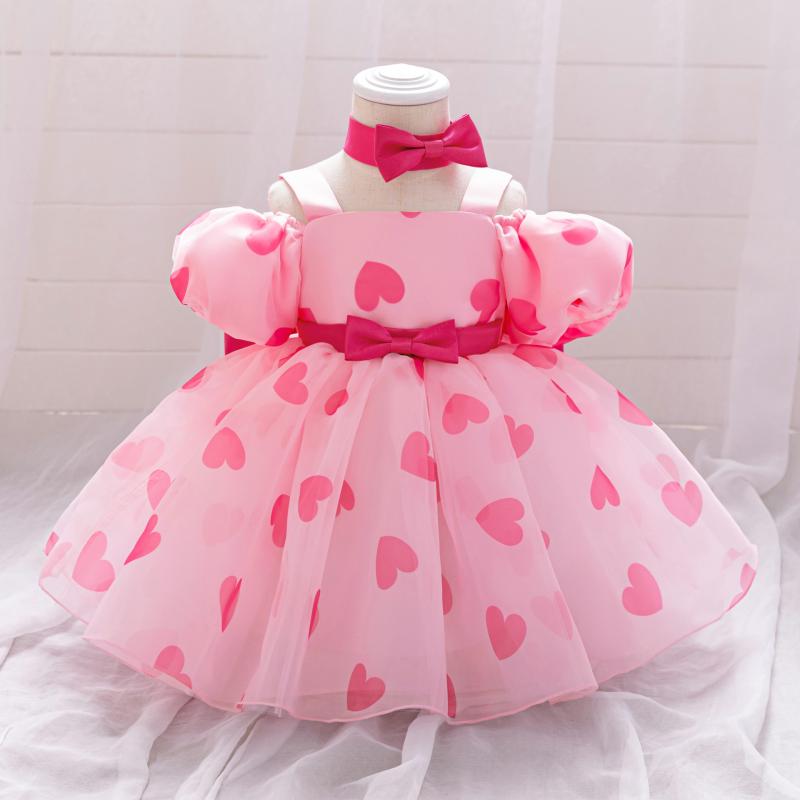 ワンピース 女の子 キッズ 子供 プリンセスドレス 欧米風 ハート柄 パフスリーブ チュチュ 発表会 結婚式 七五三 ビッグリボン メッシュ ふんわり かわいい 高級感 チュール 綿混 ピンク ブラック 衣装