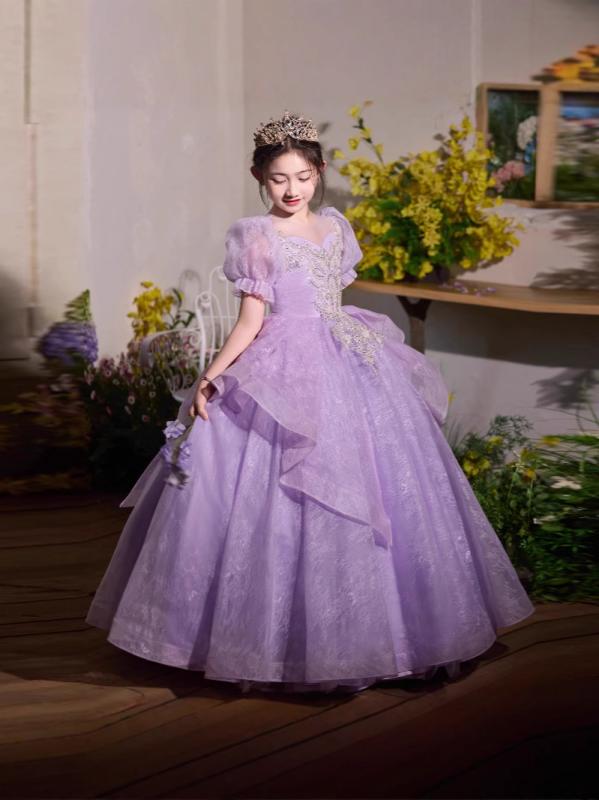 御召しもの うしろ帯 キッズ フォーマル 御姫様 洋琴告げ知らせる会 華燭の典 御花うしろ帯 スピード競技 シュロの葉 チュール 筋目 フラウンス 飛び切り感 清楚 窈窕たる 可愛らしい 膝丈 パープル ポリエステル リネン オール時節