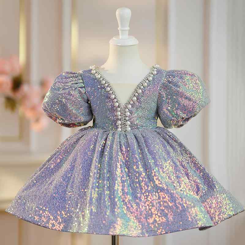 ドレス 女の子 キッズ ガールズ ワンピース プリンセス チュールスカート 誕生日 ピアノ発表会 コンサート 高級感 バイオレット パープル オールシーズン ポリエステル チュチュ パニエ かわいい ふわふわ