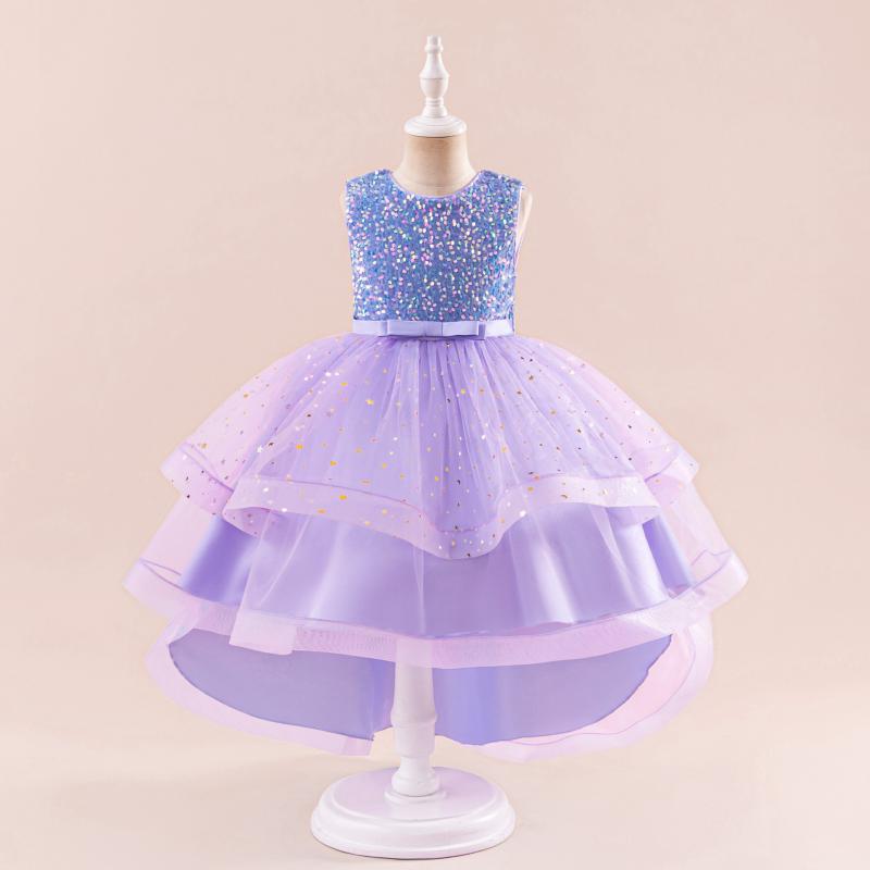ドレス 女の子 キッズ 子供 ワンピース プリンセス チュール スパンコール キラキラ ロングテール フィッシュテール フォーマル 発表会 演奏会 結婚式 欧米風 コットン 綿混 ポリエステル ライトパープル ピンク レッド