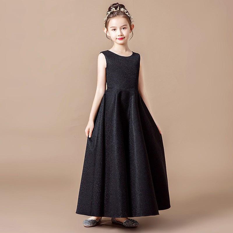 ドレス 女の子 キッズ プリンセス ブラック 黒 ロング丈 ノースリーブ 発表会 コンサート 結婚式 フォーマル 110-160cm ポリエステル 高級感 かわいい エレガント オールシーズン ワンピース フレア