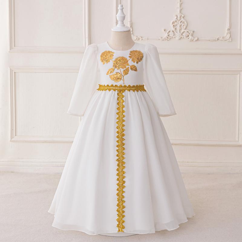 ドレス 女の子 キッズ プリンセス ワンピース 長袖 チュール アップリケ クルーネック プリーツ フレア ロング丈 フォーマル 発表会 結婚式 パーティー 高級感 かわいい 白 綿混 ポリエステル オールシーズン