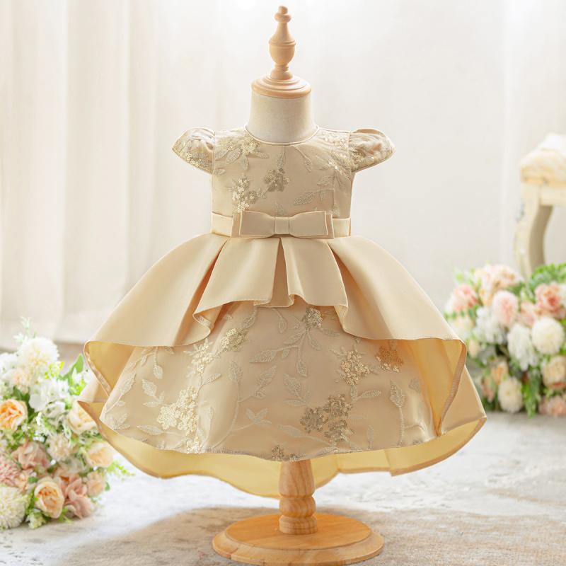 ドレス 女の子 子供 キッズ フォーマル 礼服 プリンセス サテン 刺繍 リボン フィッシュテール チュール チュチュ 発表会 結婚式 パーティー ゴールド 高級感 かわいい エレガント オールシーズン 綿混