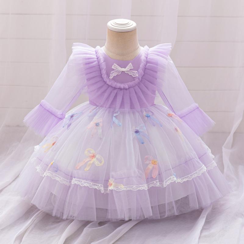 ドレス 女の子 キッズ 子供服 長袖 パープル ライトパープル リボン チュール チュチュ フレア プリンセス フォーマル 結婚式 発表会 七五三 かわいい 豪華 記念撮影 1歳 コットン混 裏地 オールシーズン