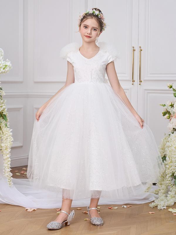 子供用ドレス 女の子 プリンセス 発表会 演奏会 結婚式 ワンピース チュール ホワイト メッシュ Aライン フレア 高級感 かわいい オールシーズン ポリエステル 綿混紡 フォーマル ステージ衣装