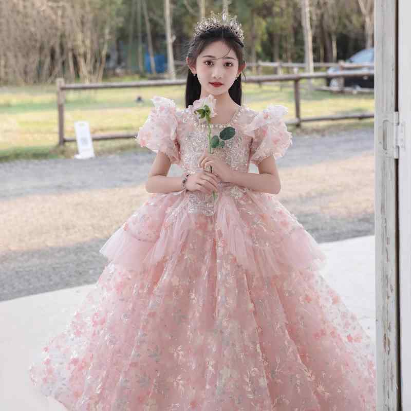 キッズドレス 女の子 子供ドレス 発表会 演奏会 ピアノ 結婚式 パーティー フォーマル ジュニア ワンピース プリンセス ロング チュール レース 高級感 エレガント 上品 かわいい 司会 ステージ衣装 イベント ピンク オールシーズン