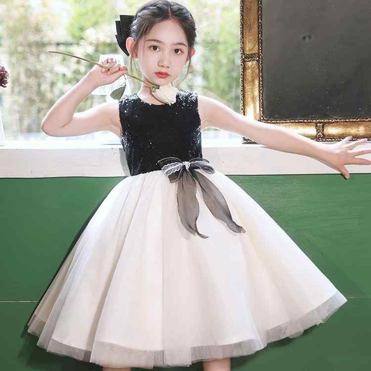 子供ドレス 女の子 ブラック ワンピース チュール スパンコール キラキラ 発表会 結婚式 誕生日 プリンセス フレンチ風 高級感 華やか かわいい おしゃれ オールシーズン 膝丈 フレア Ａライン リボン 裏地