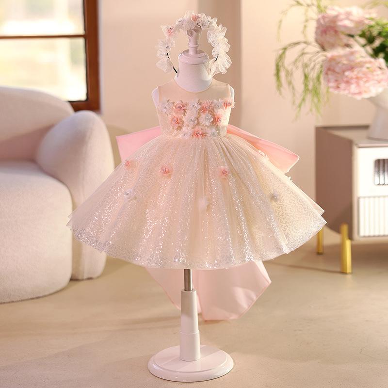 ドレス キッズ 女の子 プリンセス ワンピース チュール レース 礼服 結婚式 発表会 誕生日 高級感 上品 ふんわり 英国風 欧米スタイル フラワーガール フォーマル ジュニア オールシーズン シャンパンピンク