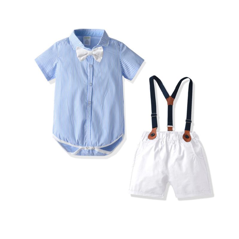 ロンパース 男の子 ベビー服 セットアップ カバーオール 4点セット 半袖 春夏 ストライプ柄 サスペンダーパンツ 蝶ネクタイ 紳士風 フォーマル 行事 お出かけ お祝い 1歳児 綿 コットン 通気性 ボタン かわいい おしゃれ