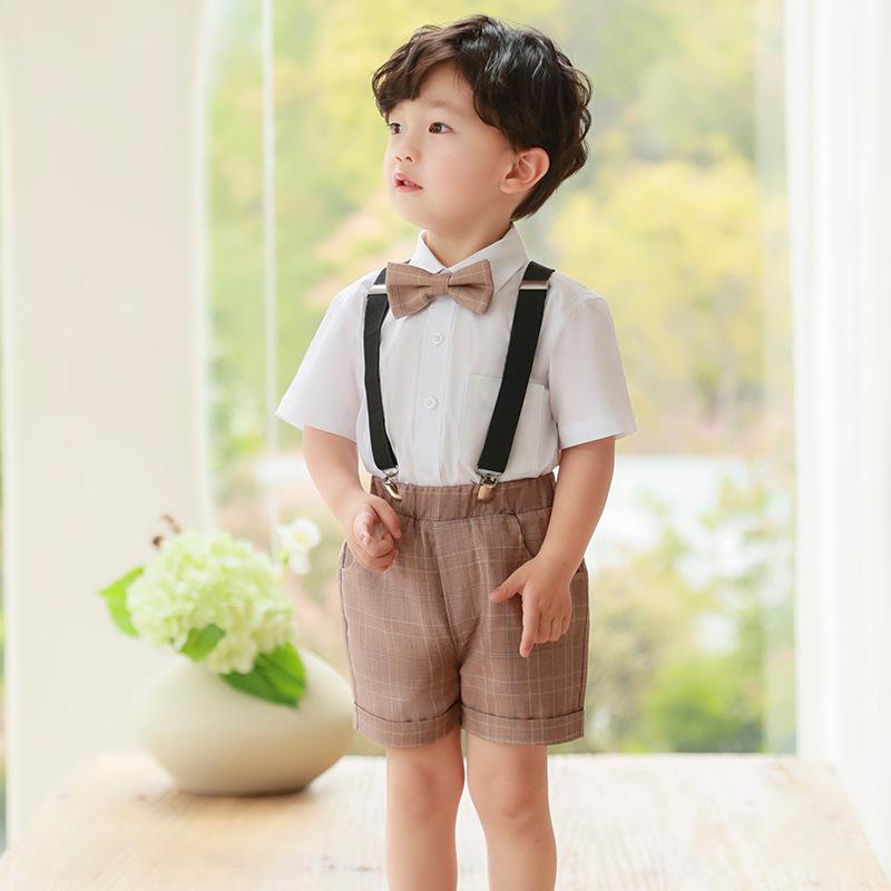 スーツ 男の子 セットアップ フォーマル 礼服 ベスト シャツ 半ズボン 蝶ネクタイ サスペンダー 春夏 結婚式 発表会 七五三 英国風 チェック柄 高級感 綿 アセテート繊維 ネイビー ブルー イエロー