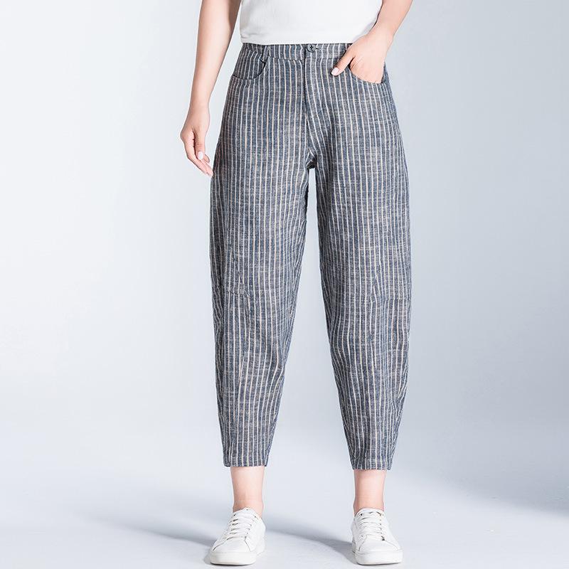 パンツ レディース 春夏 リネン テーパード ハーレム 九分丈 クロップド ボトムス ズボン 麻素材 綿混 イージー ゆったり 涼しい 通気性 痩せ見え カジュアル ナチュラル ストライプ ブルー ブラック 部屋着 普段使い お出かけ リラックス ミドル