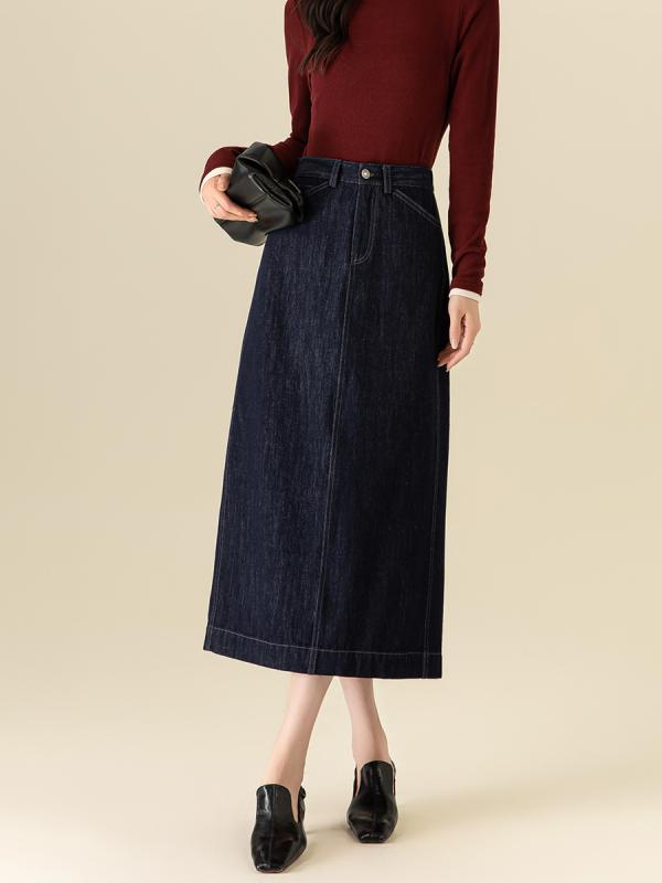 スカート レディース 秋冬 デニム素材 ロング 裏起毛 ハイウエスト ストレッチ Aライン ストレート ナロー ミモレ丈 シンプル カジュアル 無地 ブルー ボトムス 防寒 暖かい タイト 伸縮性 通勤 通学 普段使い