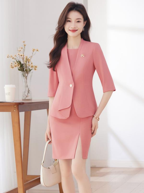 ワンピース レディース スーツ 春夏 七分袖 セットアップ 膝丈 事務服 制服 接客 ホテル 受付 オフィス 通勤 エレガント きれいめ 上品 高級感 ストレッチ ポリエステル ブラック ピンク アプリコット テーラードジャケット ビジネス フォーマル