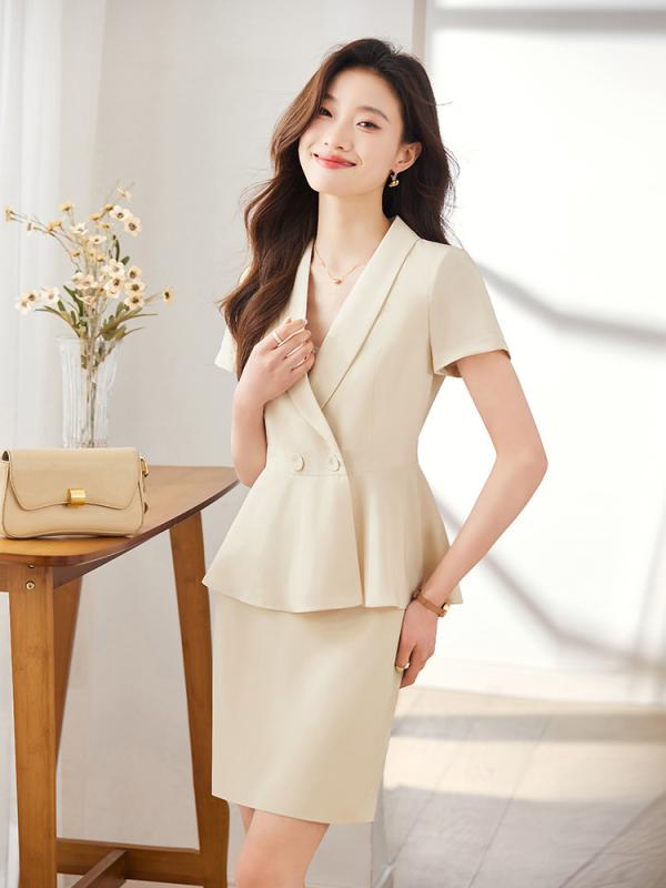 セットアップ レディース 春夏 半袖 美容師 エステサロン 受付 ユニフォーム 制服 ワークウェア パンツ スカートスーツ スリム 薄手 上品 きれいめ ストレッチ ブルー アプリコット エレガント 高級感
