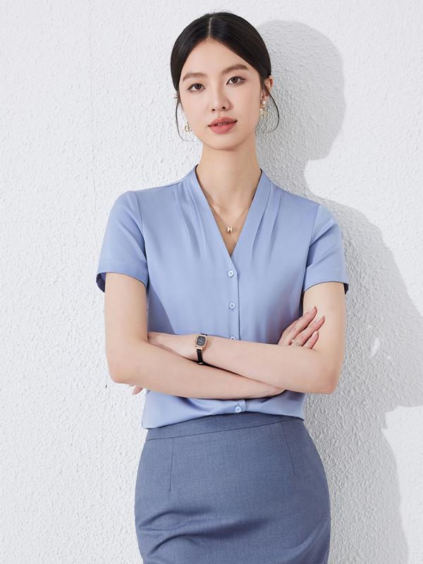 シャツ レディース ブラウス 半袖 Vネック シフォン 通勤 オフィス ビジネス 事務服 高級感 ノーアイロン 伸縮性 立体裁断 前開き ボタン 清楚 上品 トップス ポリエステル ホワイト ブラック グレーブルー 夏