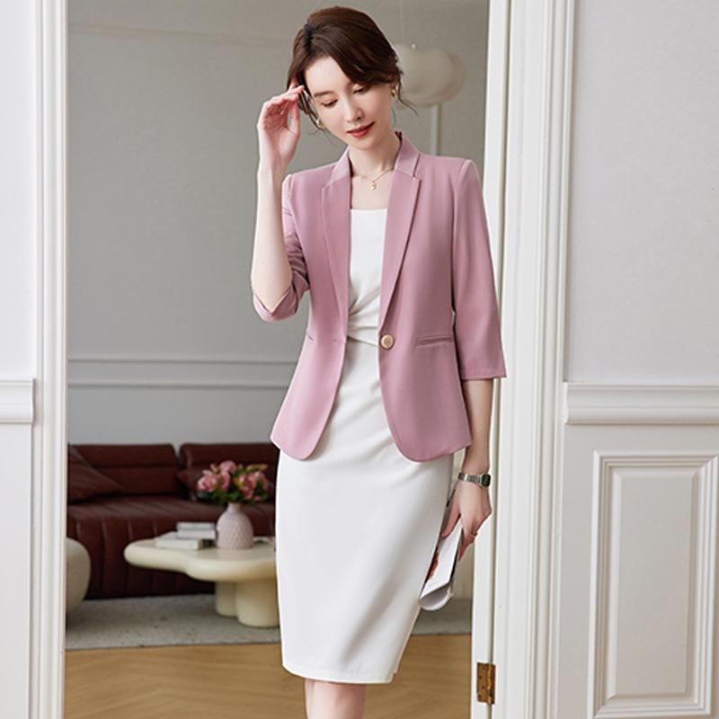 セットアップ レディース 春夏 スーツ ワンピース テーラードジャケット 事務服 通勤 オフィス ビジネス 七分袖 きれいめ カジュアル ポリエステル ストレッチ 上下セット 膝丈ワンピース ボタン ブラック 紺 ピンク