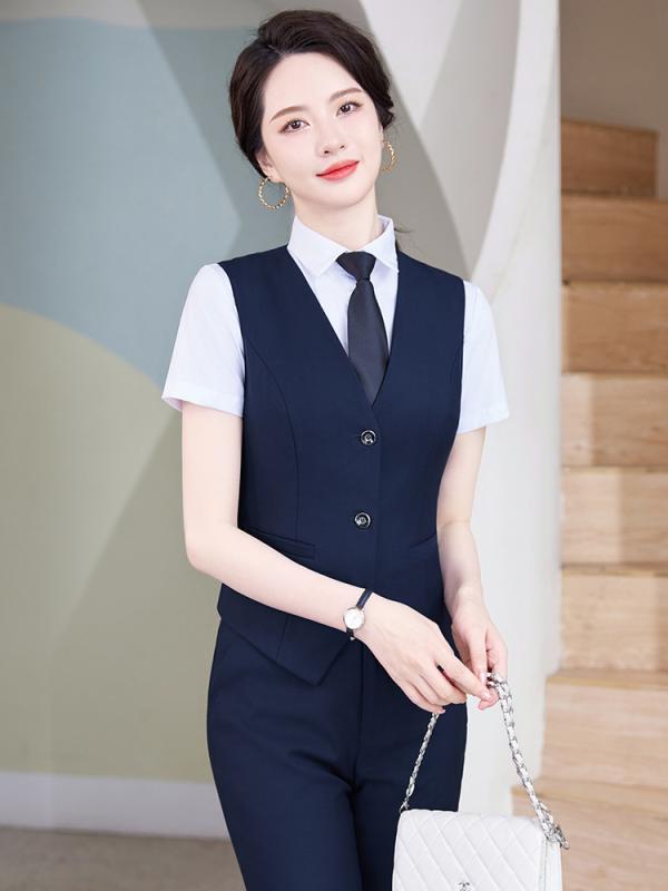 ベスト レディース セットアップ ジレ スーツ 事務服 ビジネス 接客 Vネック ボタン 前開き ポケット 無地 高級感 ポリエステル 春夏 ブラック ロイヤルブルー グレー