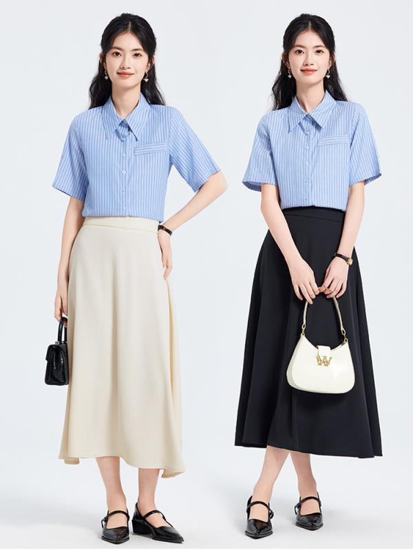 シャツ レディース 半袖 ストライプ ブルー 春夏 通勤 ビジネス オフィス 事務服 トップス ブラウス きれいめ ノーアイロン 伸縮性 ポリエステル 爽やか 清潔感 上品 カジュアル ボタン 立体 襟