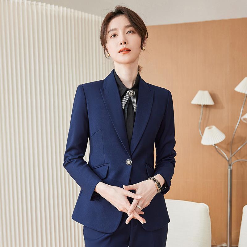 スーツ レディース セットアップ 事務服 制服 オフィス 通勤 ビジネス ジャケット ロングパンツ 長袖 着痩せ 美シルエット スリム おしゃれ 高級感 フォーマル 綿混 ポリエステル 秋冬 無地 シンプル ボタン ブラック ブルー オリーブ