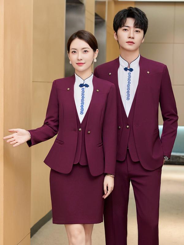 セットアップ メンズ レディース ホテル フロント レストラン 制服 事務服 スーツ ジャケット パンツ スカート 長袖 マネージャー ビジネス 高級感 ポリエステル ストレッチ 秋冬 ブラック ブルー ボタン