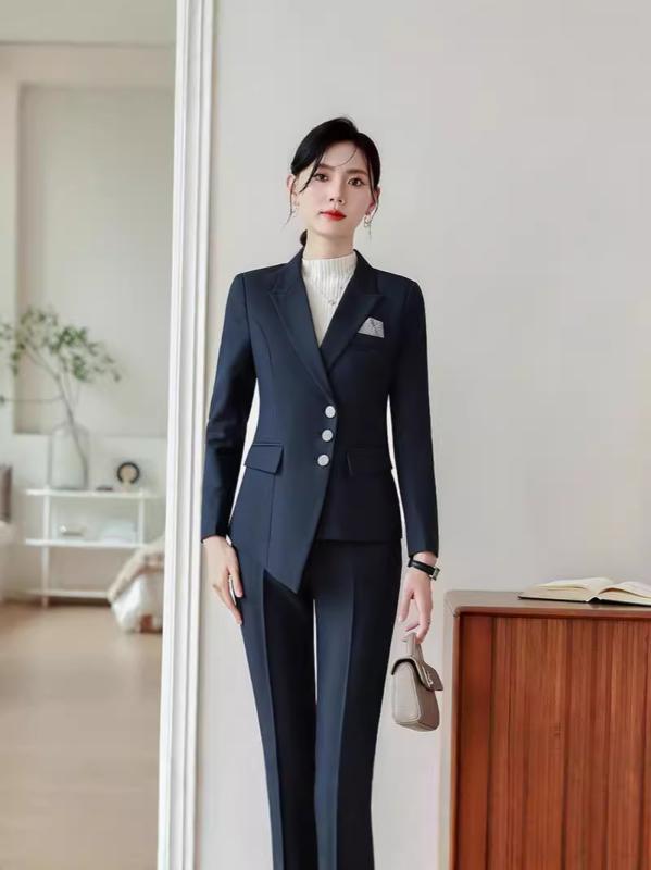 セットアップ レディース パンツスーツ 長袖 事務服 制服 ビジネス 通勤 接客 テーラードジャケット スラックス 秋冬 高級感 ポリエステル ストレッチ 伸縮性 無地 きれいめ 上品 エレガント ブラック グレー ネイビー