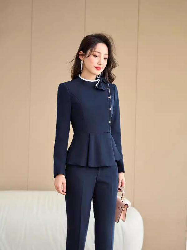 セットアップ レディース 秋冬 パンツスーツ 事務服 通勤 接客 テーラードジャケット 長袖 伸縮性 ポリエステル 無地 高級感 エレガント きれいめ 大人 ブラック アプリコット ブルー