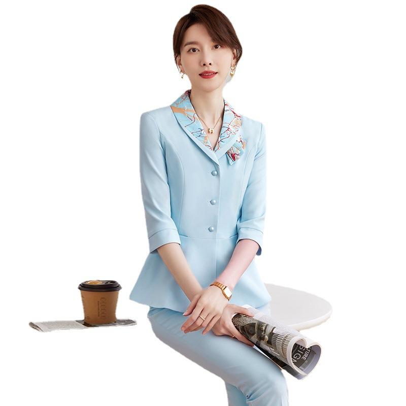 制服 レディース セットアップ エステユニフォーム 美容師 マッサージ 施術服 サロン 整体 事務服 7分袖 秋冬 テーラードジャケット スカート パンツ コットン混 ポリエステル ライトブルー ロイヤルブルー きれいめ 高級感