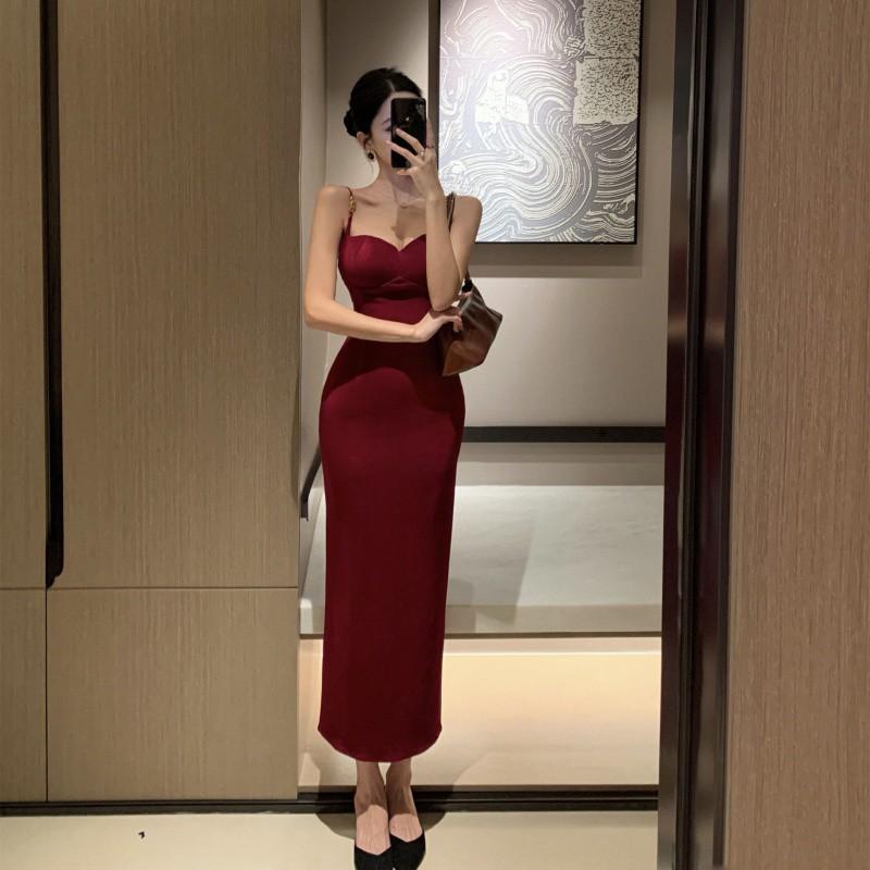 ワンピース レディース パーティードレス ロング丈 マキシ丈 キャミソール セクシー フレンチ ヴィンテージ風 レトロ エレガント タイト ギャザー ハートネック ハイウエスト 無地 ポリエステル アセテート 春秋 お呼ばれ 結婚式 披露宴 上品 高級感