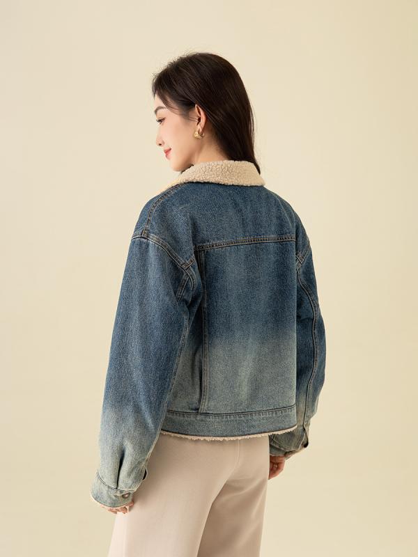 デニムジャケット レディース ブルゾン ジャンパー アウター 秋冬 裏起毛 ボア シープ調 グラデーション ブルー系 ショート丈 ゆったり ゆったり 厚手 暖かい 防寒 カジュアル 普段使い 襟 ボタン