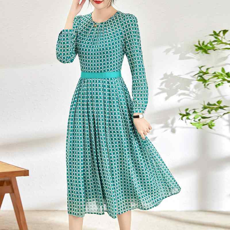 ワンピース レディース 春夏 長袖 花柄 プリント ジョーゼット シフォン ミモレ丈 ロング Aライン フレア クルーネック ハイウエスト グリーン エレガント 上品 レトロ ヴィンテージ風 フレンチスタイル ポリエステル お手入れ簡単 通勤 普段使い