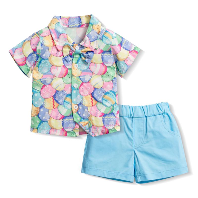 セットアップ 男の子 キッズ イースター エッグ 半袖シャツ 短パン 2点 春夏 子供服 上下 カジュアル かわいい 欧米風 柔らかい 綿 プリント キャンディ パーティー イベント 舞台 衣装 ウェア ボタン