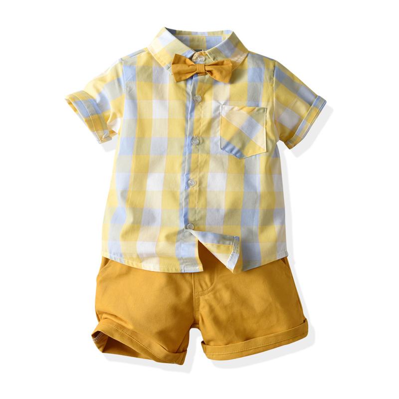 セットアップ 男の子 キッズ 子供服 半袖 シャツ トップス チェック柄 格子 サスペンダー ショートパンツ 半ズボン スクール風 プレッピー カジュアル 春夏 コットン 綿 通気性 涼しい お出かけ イエロー ボタン 薄手